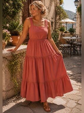 Dusty Rose Tiered Midi/Maxi Dress | English Countryside Euro Summer Prairie Chic